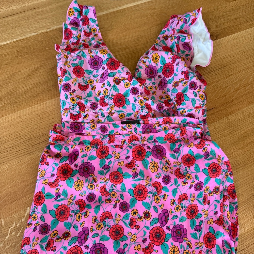 Summersalt Floral Pink Swimsuit with Ruffle Sleeves and Coverup Wrap Skirt
